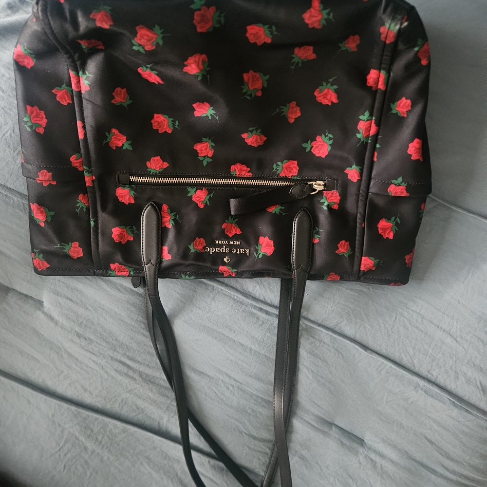 kate spade black tote with red rose print